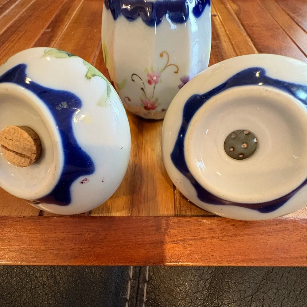 Vintage Japanese Floral Ceramic Vase Toothpick Holder and Shakers Set